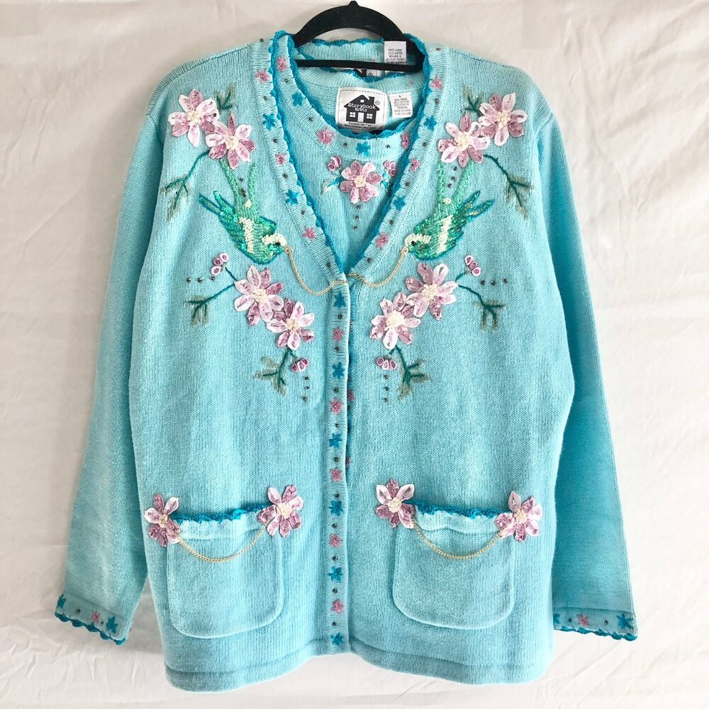 Vintage Turquoise Blue Embroidered Bird & Flower Cardigan